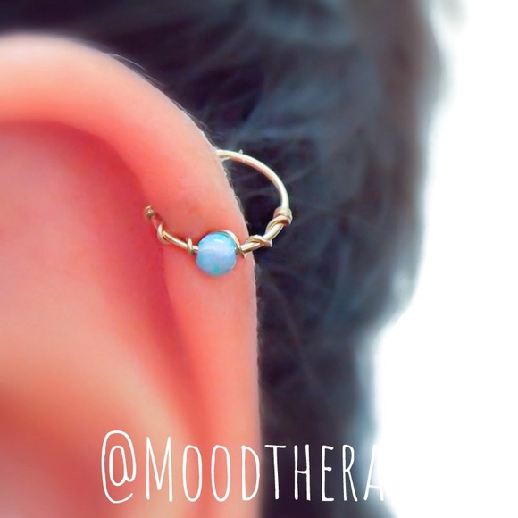 Blue Fire Opal Cartilage Hoop Earring Nose Ring - Picture 1 of 10